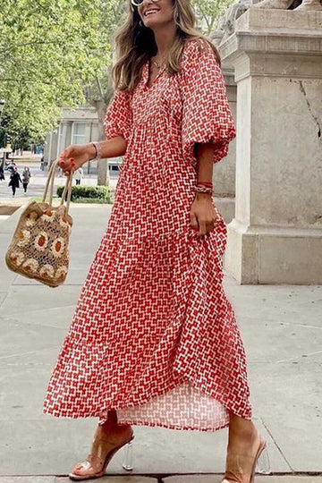 Röd tryckt Boho Puff Sleeve Casual Lång Klänning